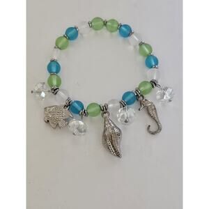 Gorgeous Hand Made Charm Bracelet Ocean Animals Seafoam Green White Blue Silver